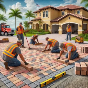 Three workers in safety vests installing brick pavers on a driveway in Sebastian, FL, with a Florida-style home, palm trees, and bright blue sky in the background