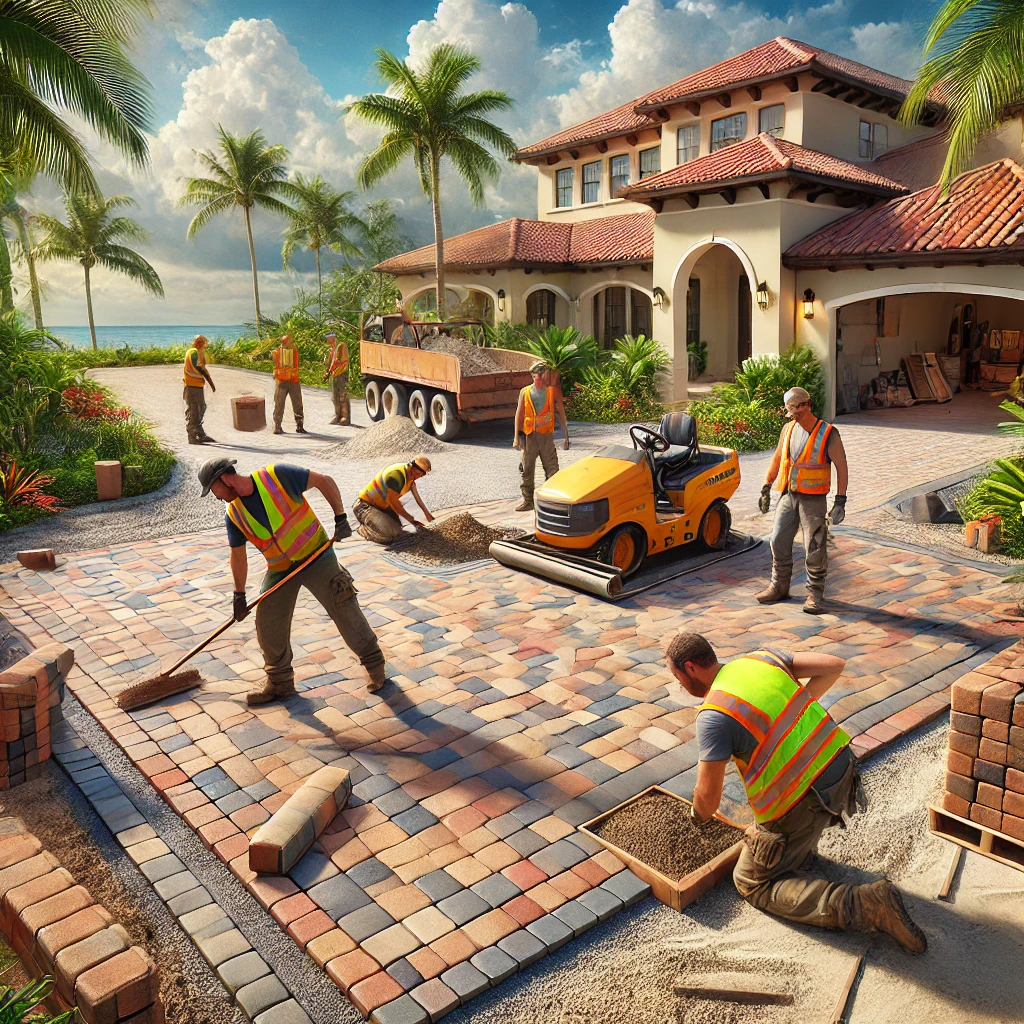 Three workers in safety vests installing brick pavers on a driveway in Sebastian, FL; one spreading sand, another laying pavers, and the third using a compactor, with a coastal home and palm trees in the background