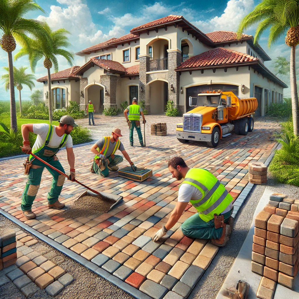 Three workers in reflective safety vests installing brick pavers on a driveway in Sebastian, FL, with one spreading sand, one placing pavers, and another using a compactor, set against a sunny Florida landscape