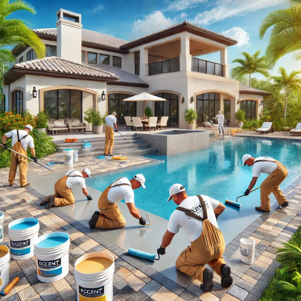 Workers in branded uniforms applying resurfacing material to a pool in Sebastian, FL, with freshly cleaned beige and gray pavers, tropical landscaping, and a modern home nearby