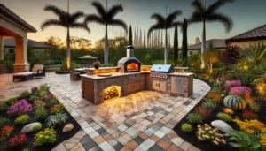 An outdoor kitchen with herringbone-pattern paver flooring in neutral and earthy tones, featuring a stone countertop, wood-fired pizza oven, and stainless steel grill. The area is surrounded by tropical plants, vibrant flowers, and palm trees under a golden sunset glow.