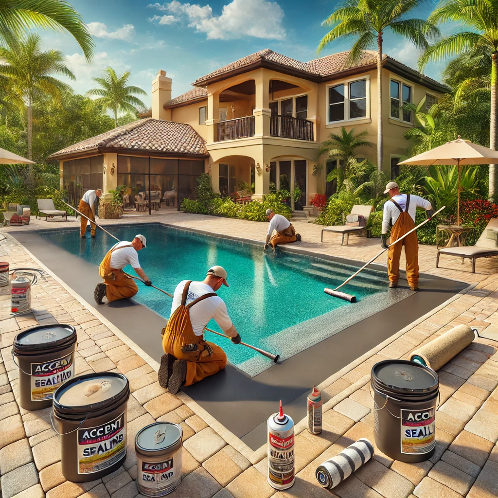 Workers in branded uniforms resurfacing a residential pool in Sebastian, FL, with beige and gray sealed pavers, tropical plants, and a Florida-style home in the background