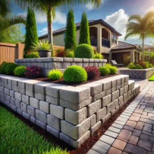 A block wall installation by Accent Pavers and Sealing in a sunny backyard in Sebastian, FL, featuring neutral-tone blocks, vibrant greenery, and flower beds for an elegant and durable design