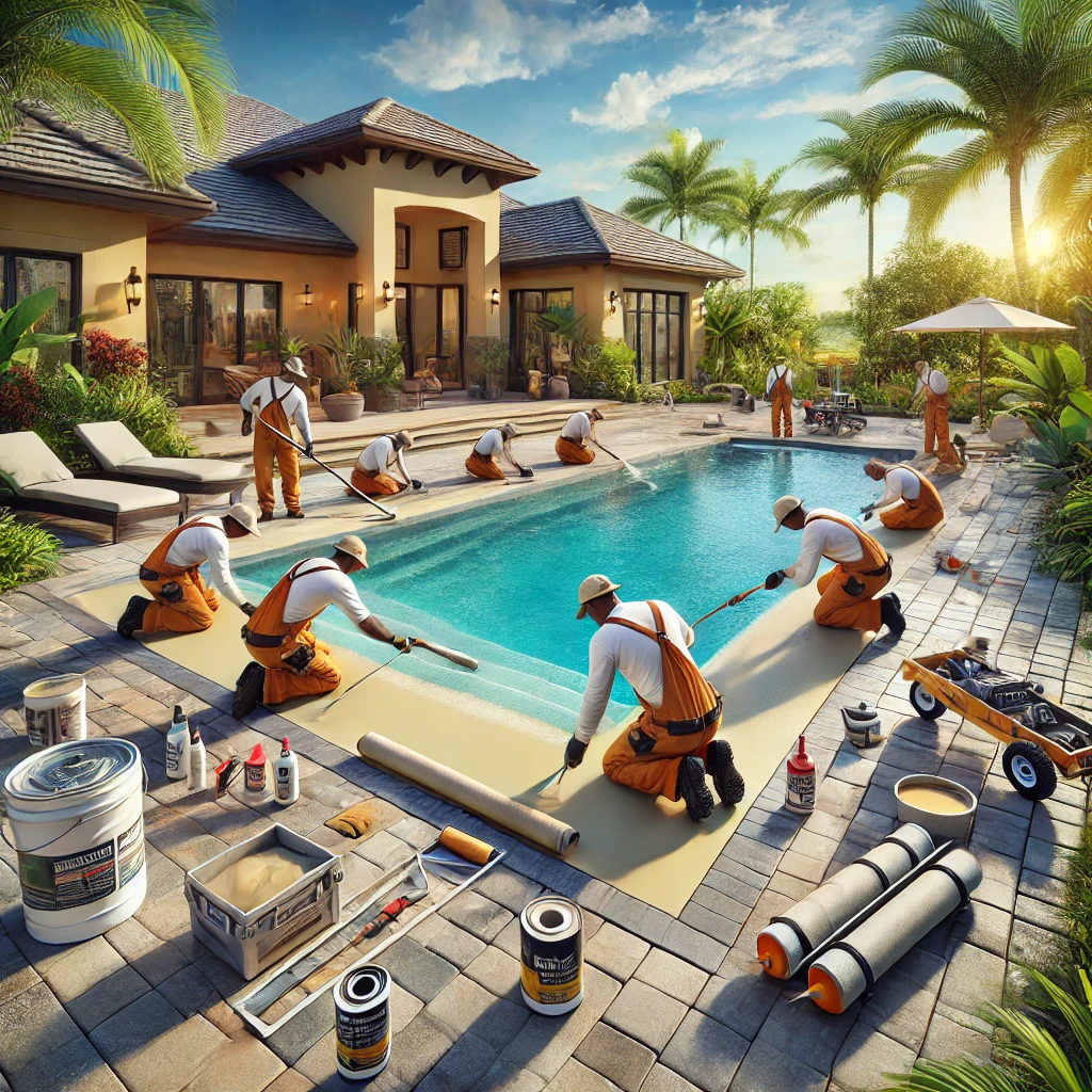 Workers in branded uniforms applying a smooth coating to a residential pool in Sebastian, FL, with clean, sealed pavers in gray and tan, tropical landscaping, and a Florida-style home nearby