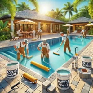 Workers in branded uniforms resurfacing a residential pool in Sebastian, FL, with sealed beige and gray pavers, tropical landscaping, and bright Florida sunlight illuminating the scene