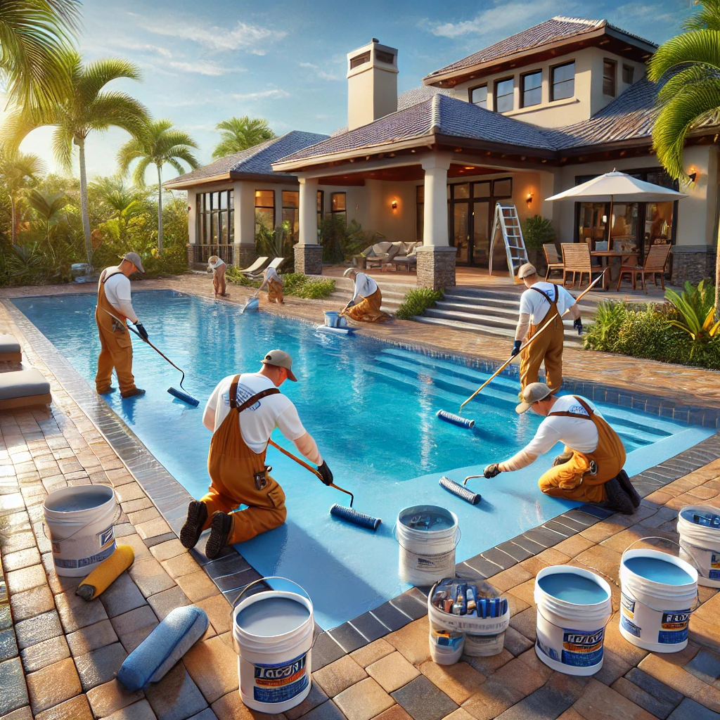 Workers in branded uniforms resurfacing a residential pool in Sebastian, FL, with freshly cleaned tan and gray pavers, tropical plants, and a modern home nearby