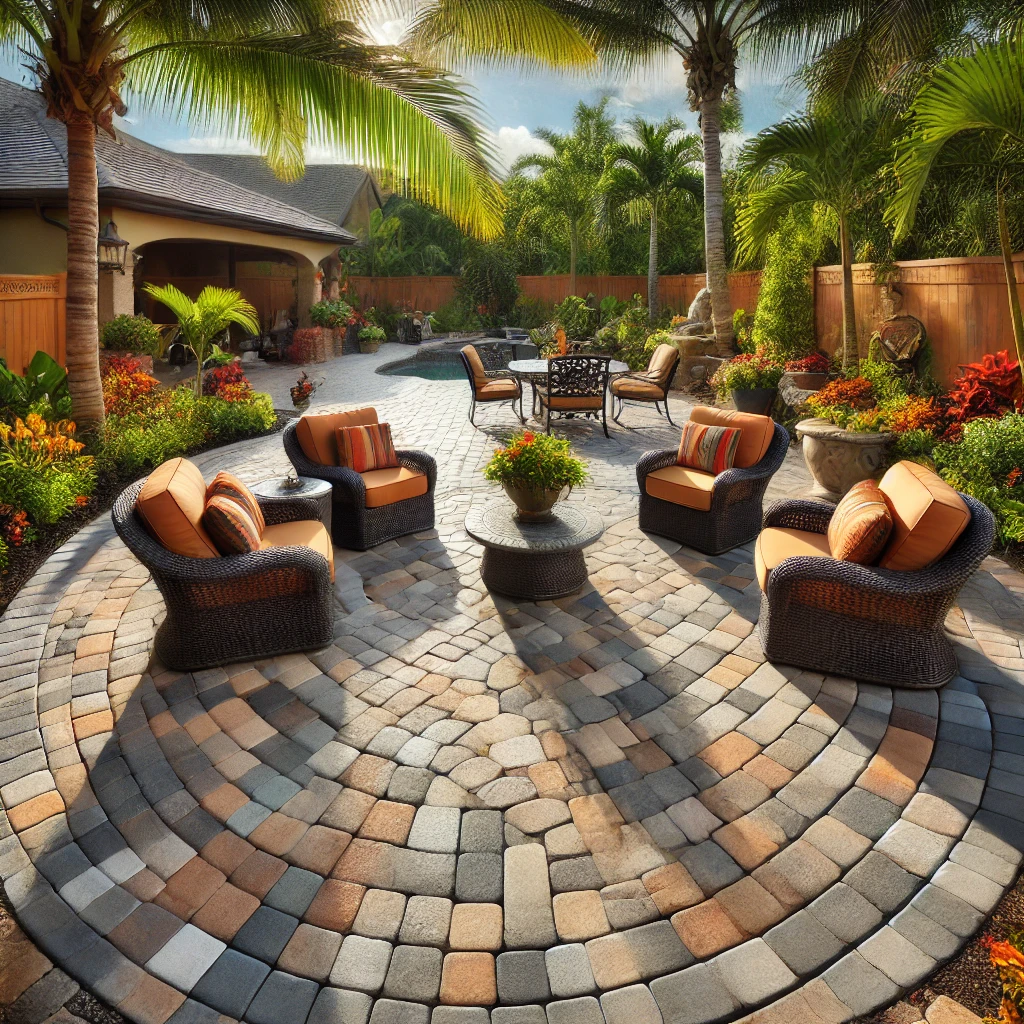 A patio installation by Accent Pavers and Sealing in Vero Beach, FL, featuring terracotta, beige, and slate gray pavers in a running bond pattern, with tropical landscaping and cozy outdoor furniture.