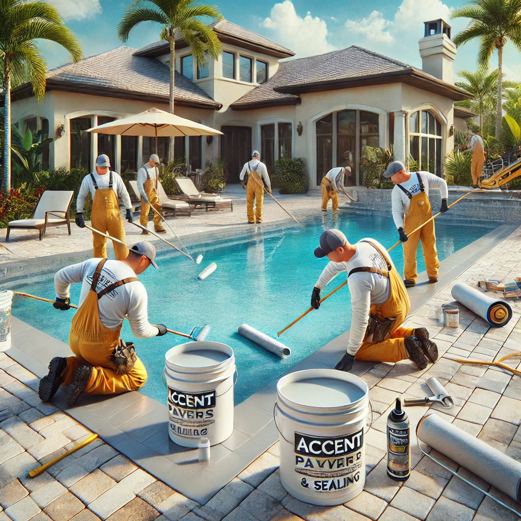 Workers in branded uniforms applying a smooth coating to a residential pool in Sebastian, FL, with sealed pavers, tropical landscaping, and bright sunlight enhancing the scene