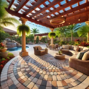 A patio pavers installation by Accent Pavers and Sealing in Vero Beach, FL, featuring terracotta, beige, and gray pavers in a fan pattern, surrounded by tropical landscaping and a pergola with string lights.