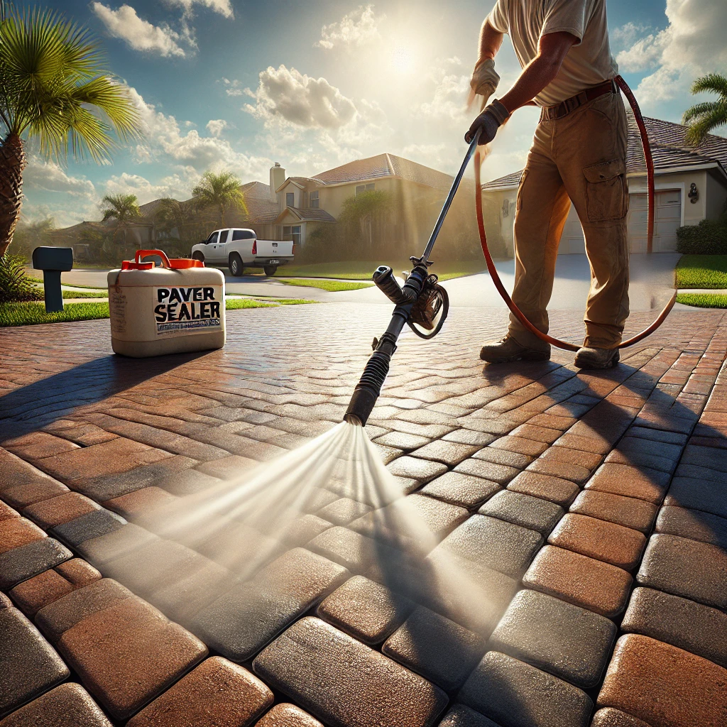 Man applying paver sealer with a pump sprayer on a clean brick driveway under a sunny Florida sky, surrounded by palm trees and suburban homes.